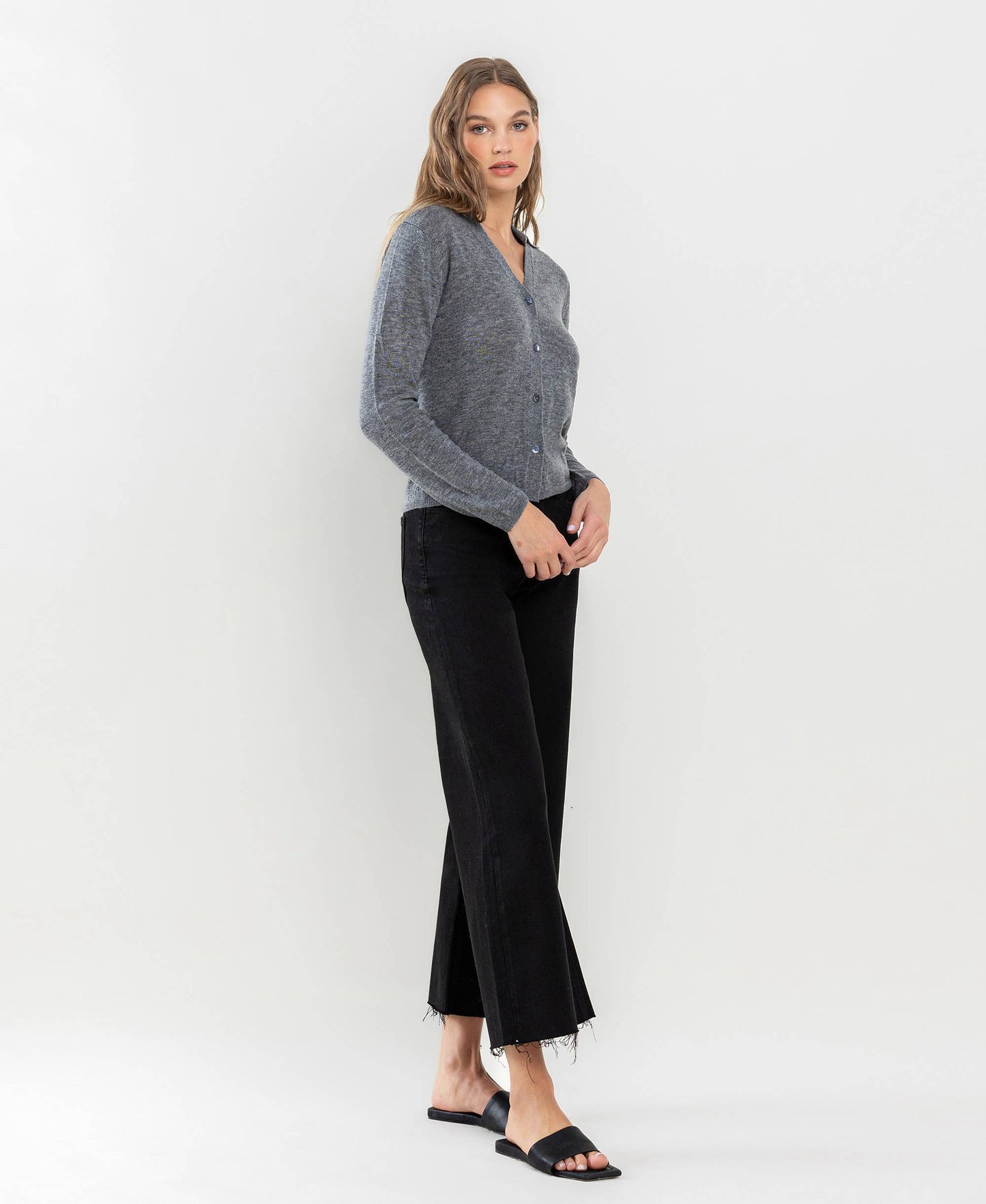 HIGH RISE RAW HEM CROP WIDE LEG JEANS