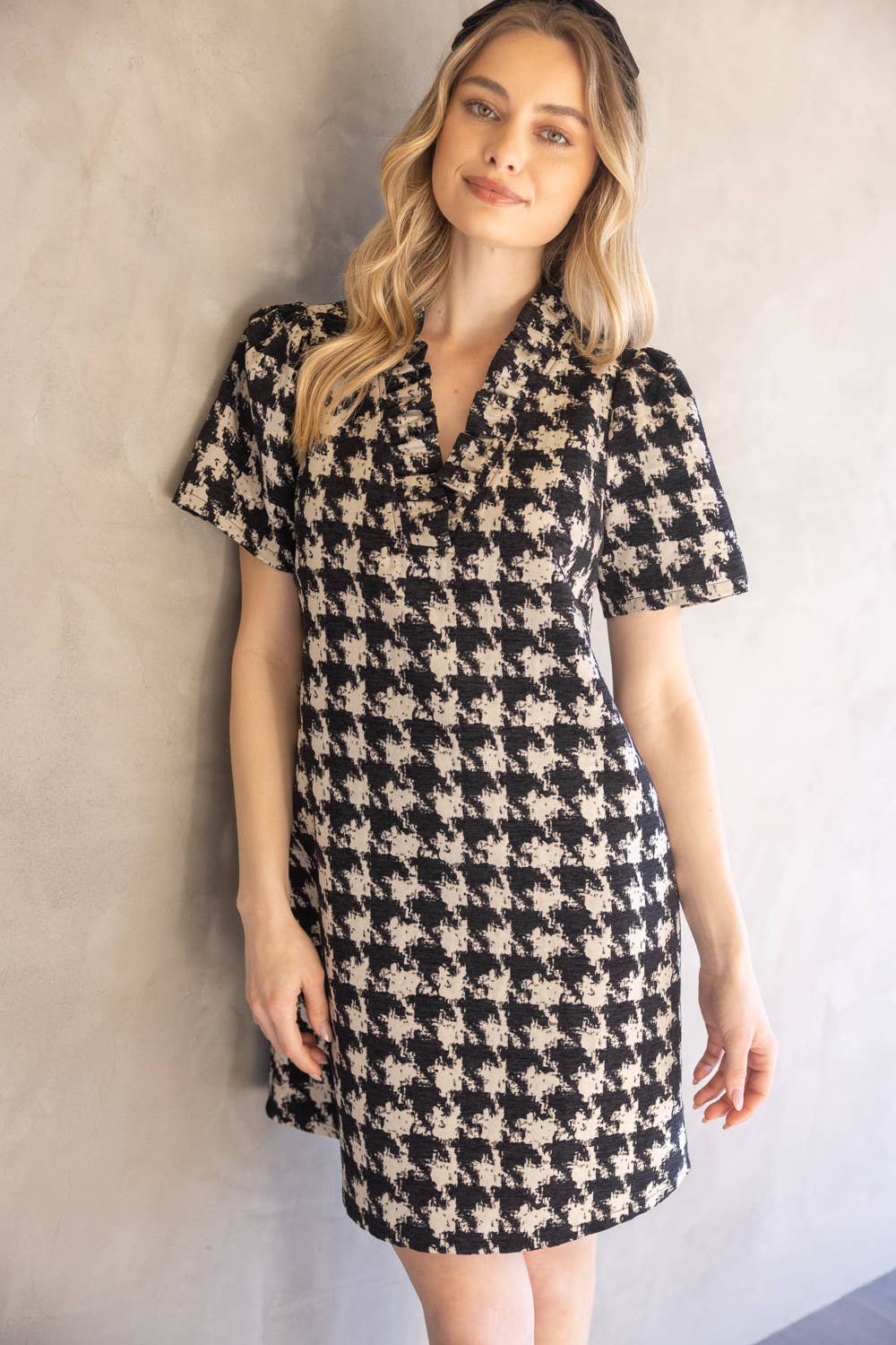 Houndstooth Velvet Ruffle Dress