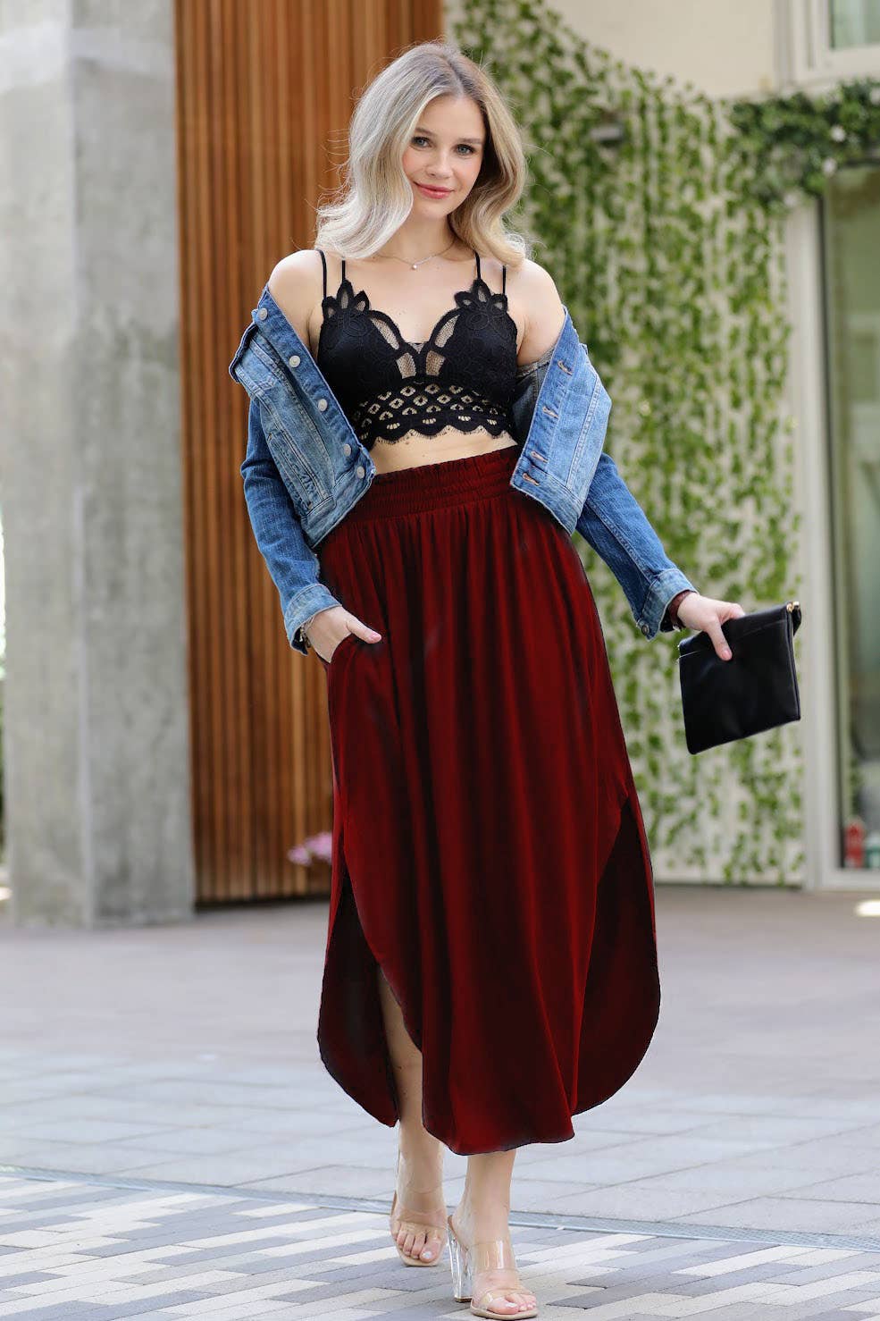 SMOCKED WAIST SIDE SLIT MAXI SKIRT WITH POCKETS