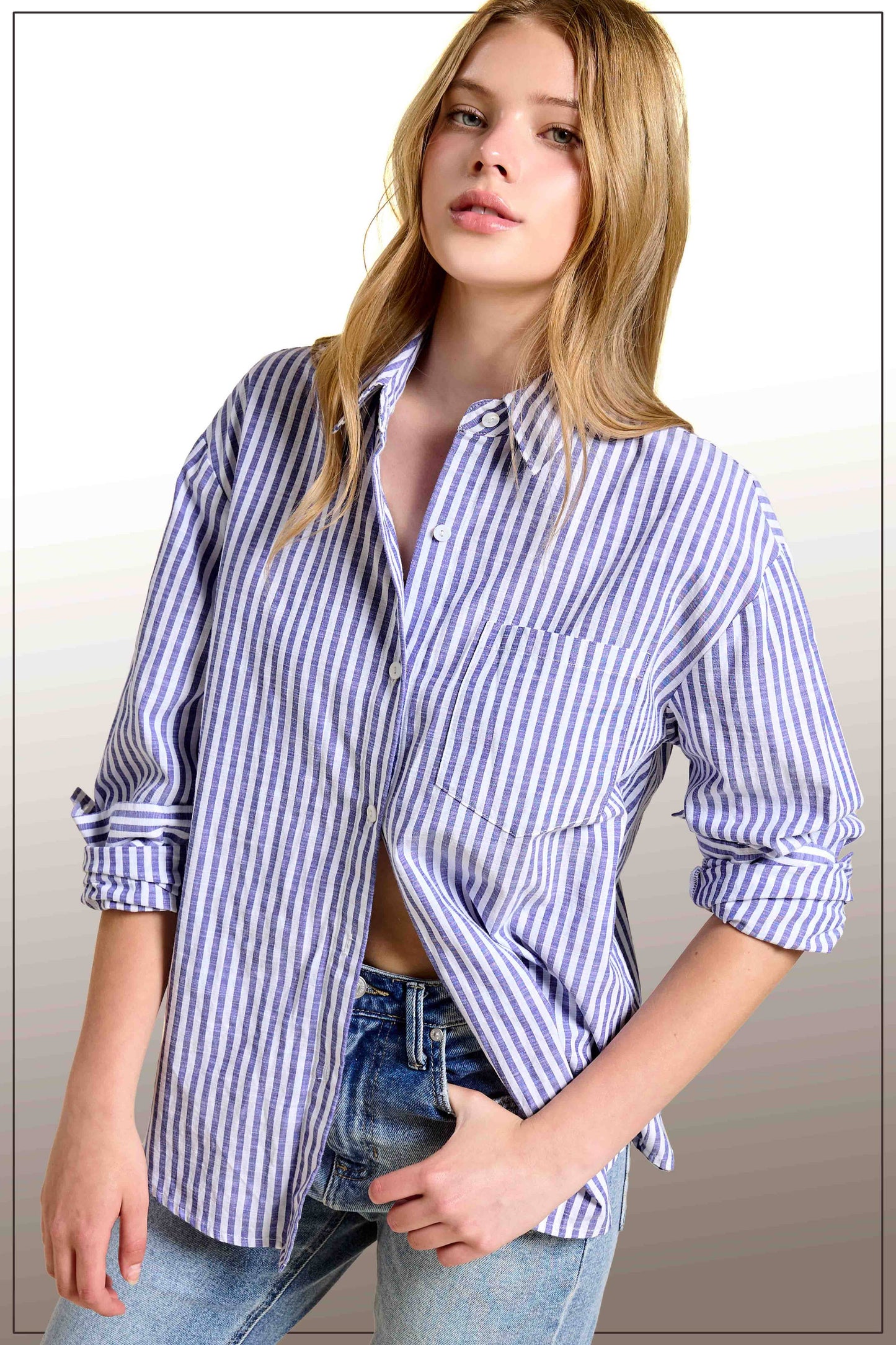 -Collared Contrast Stripe Button Down