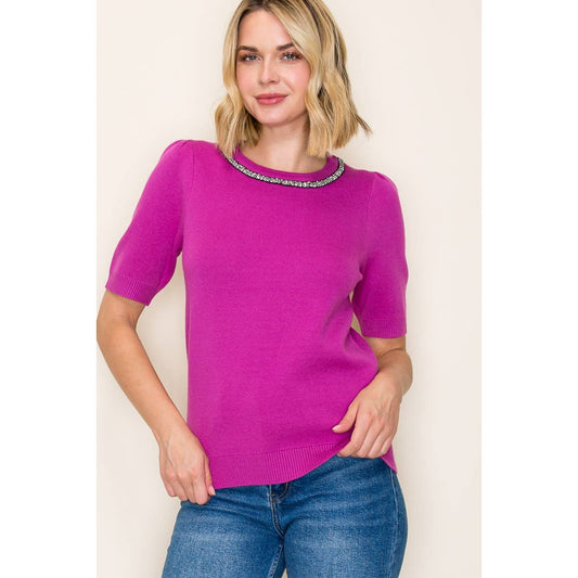 JEWEL NECK SHORT SLEEVE SWEATER