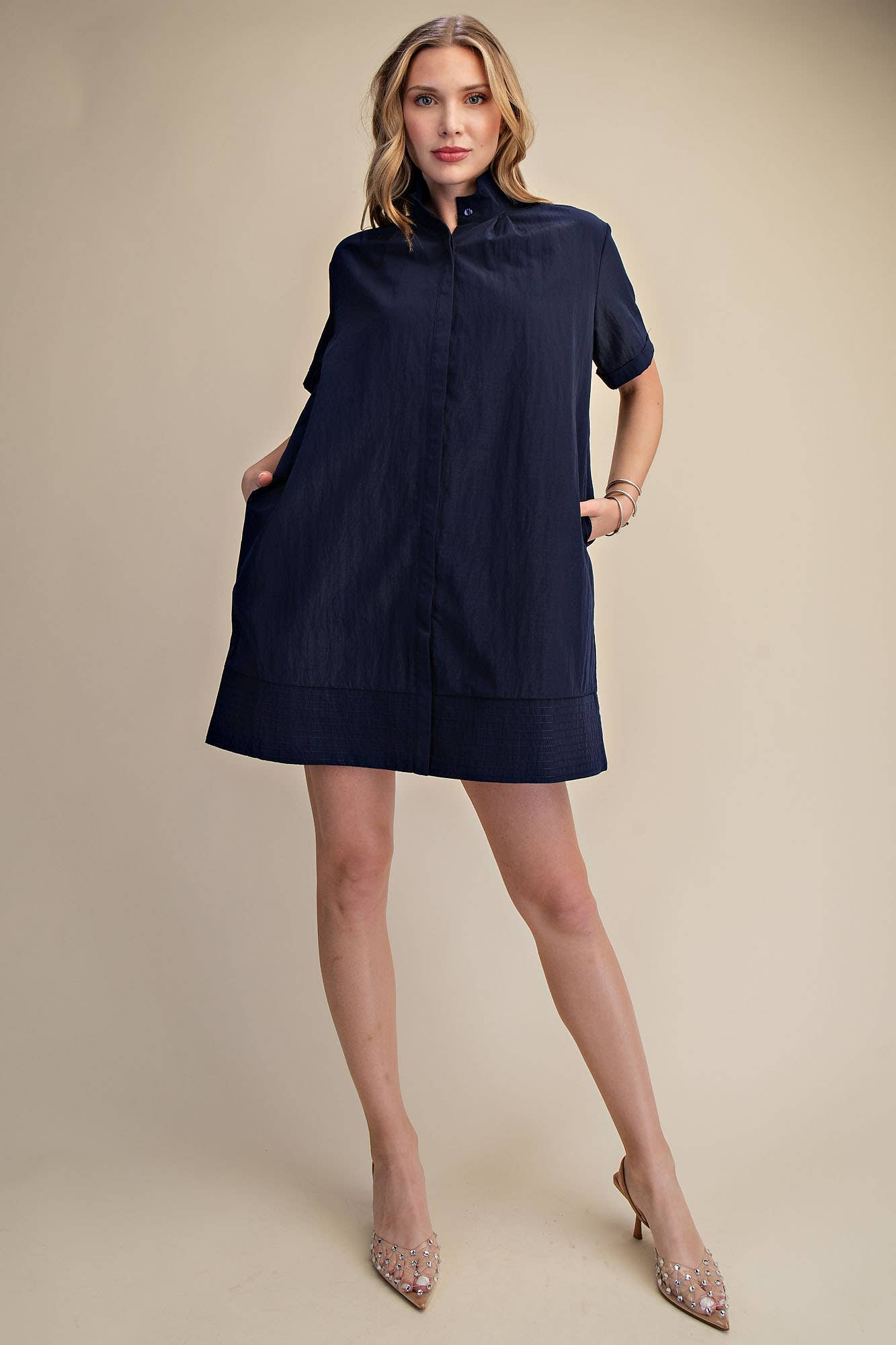Stand Collar Short Sleeves Button Down Shift Dress
