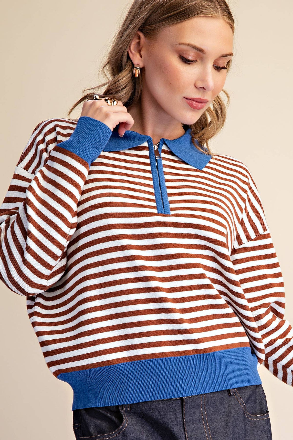 Collar Zip Neck Long Sleeve Stripe Sweater