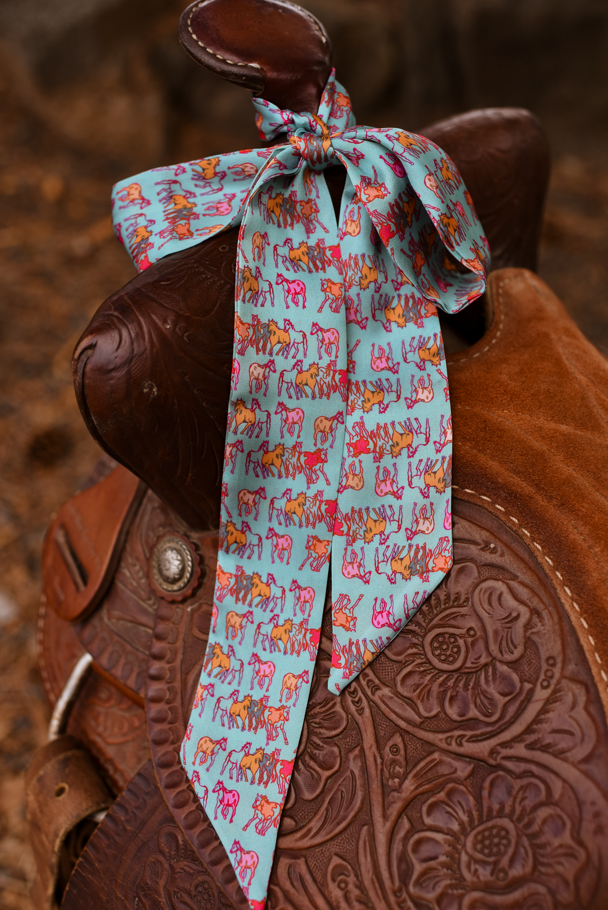 Mustang Meadows Twilly Scarf in Turquoise: Western Horse Satin Chiffon Scarf