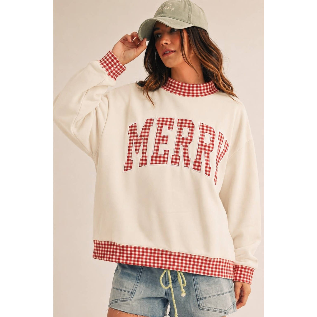 Christmas Merry Gingham Plaid Trim Patch Pullover