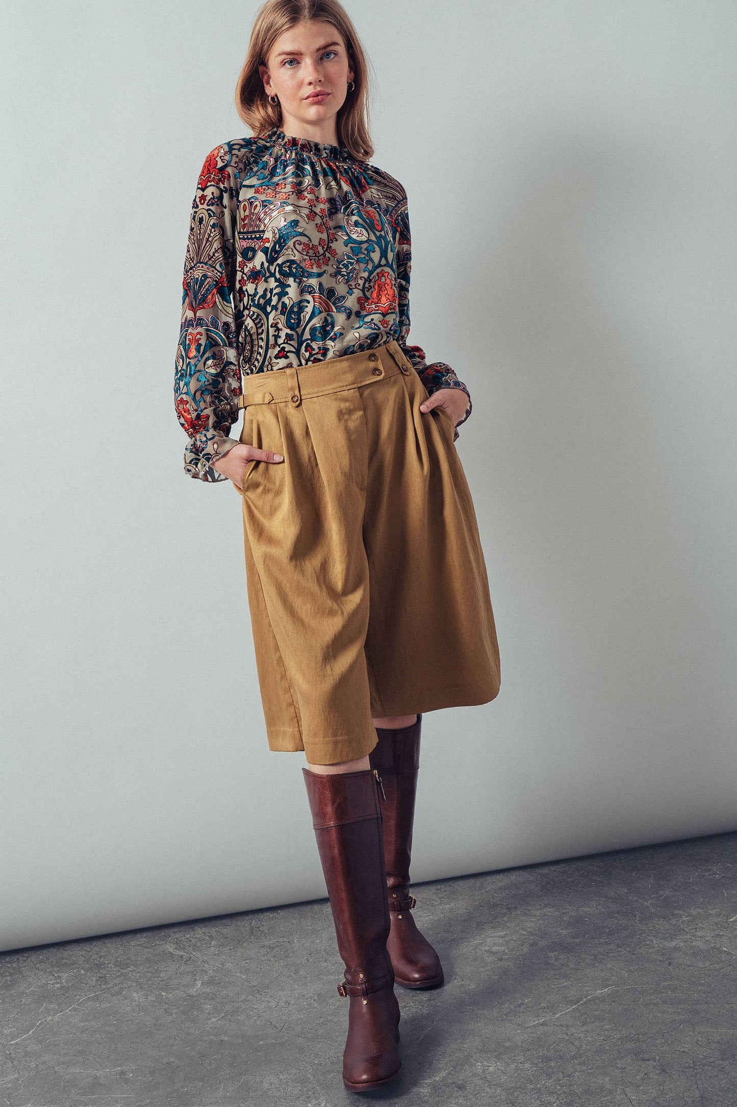 Burnout Velvet Smocked Mock Neck Blouse