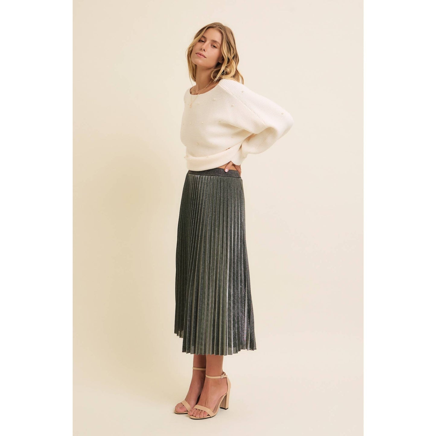 SPARKLING ACCENT PLEATED MIDI SKIRT