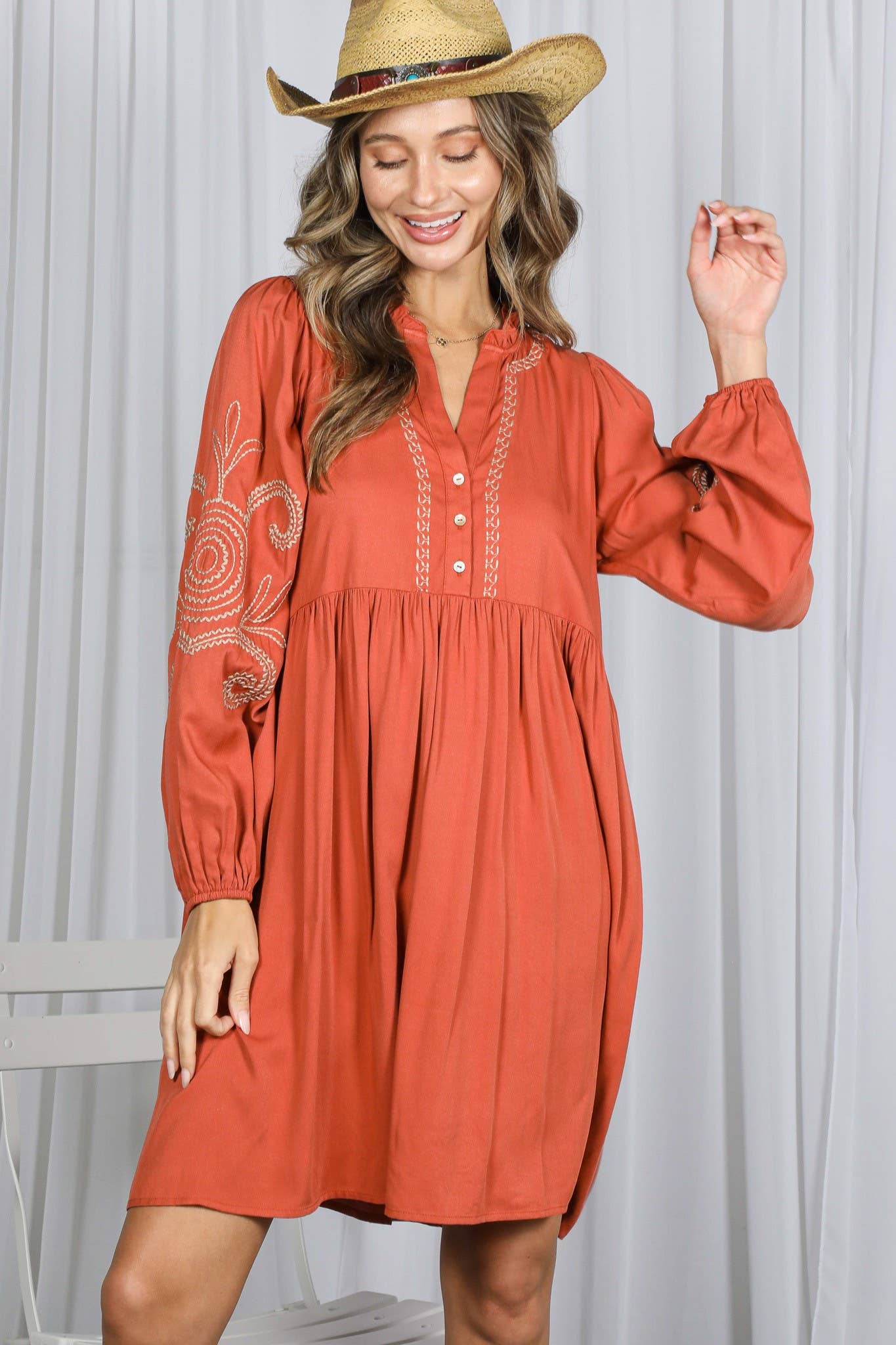 Paisley Embroidered V-Neck Baby Doll Mini Dress