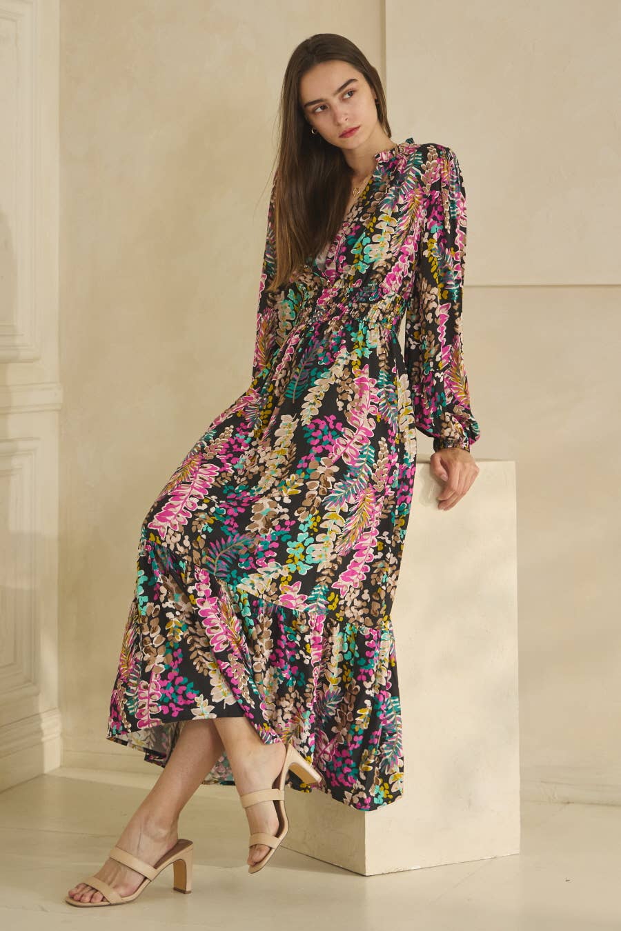 Colorful Floral Print Long Sleeve Maxi Dress