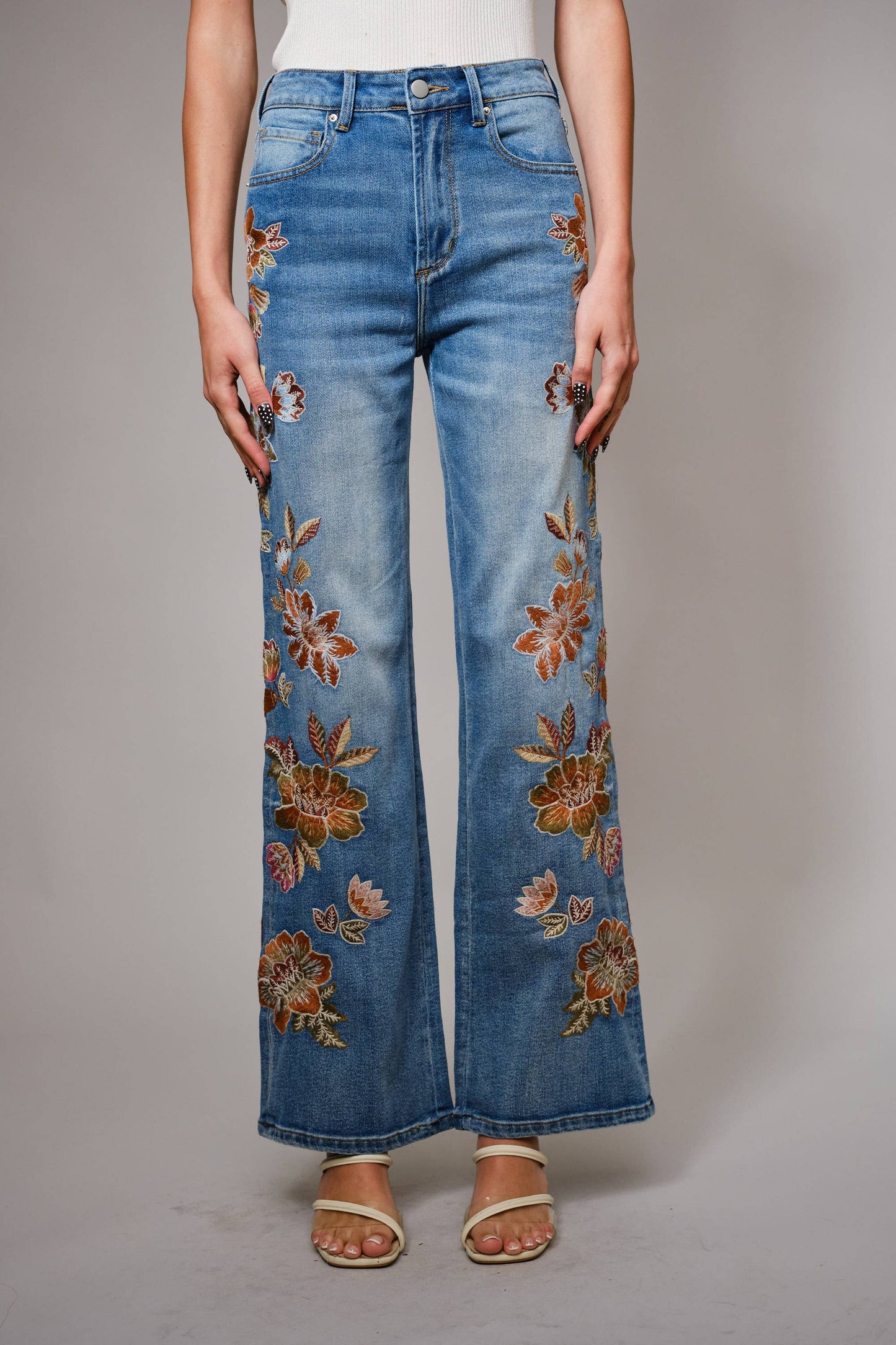 Flower Embroidery High Waist Flare Jean