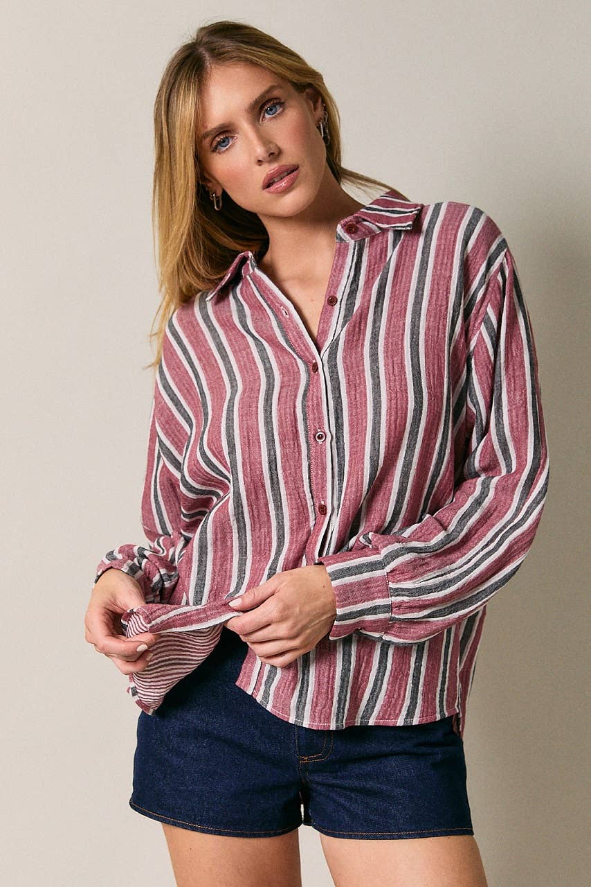 Dolman Long Sleeve Button Down Striped Shirt
