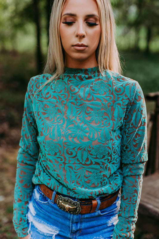 Tooled Leather 3D Printed Mesh Top - Turquoise