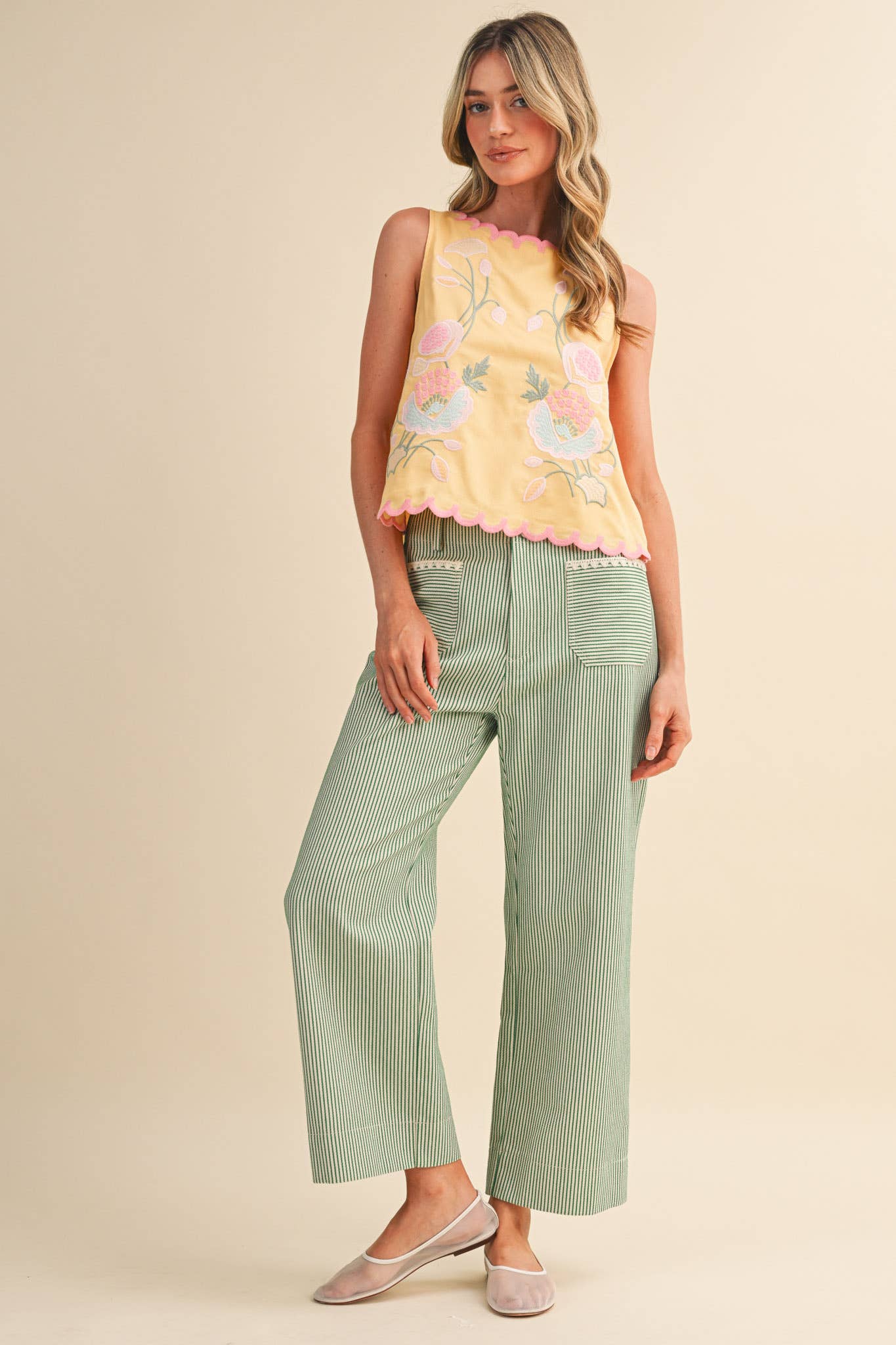 FLORAL EMBROIDERY SCALLOPED TANK