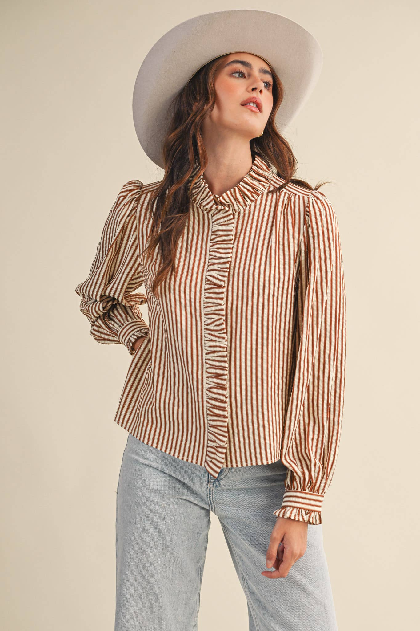 STRIPED RUFFLED BUTTON DOWN