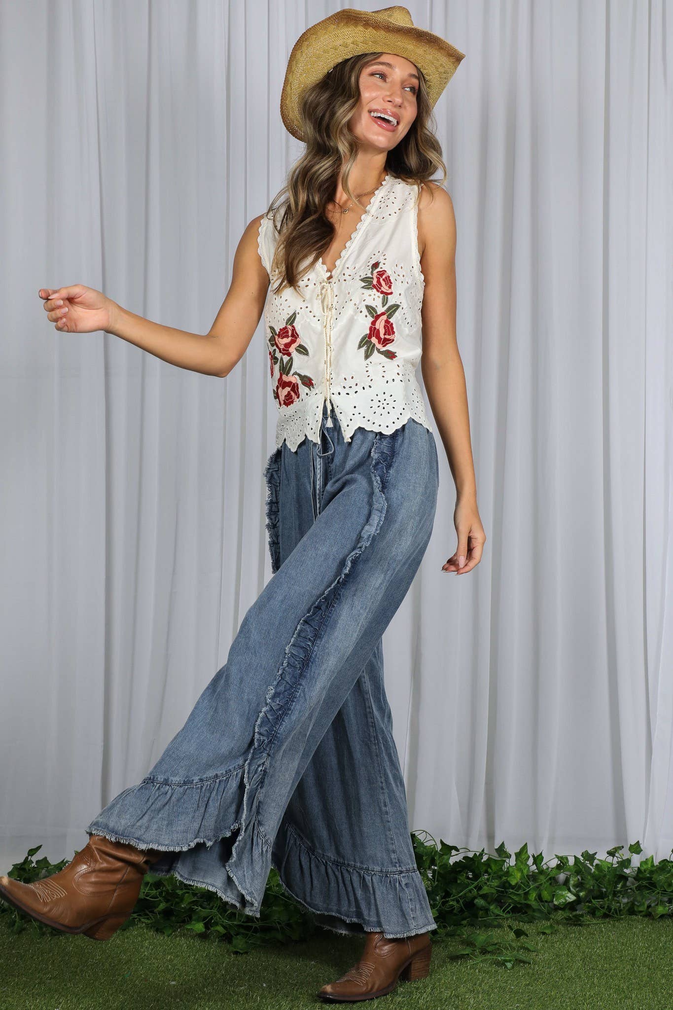 Flared Ruffle Hem Washed Chambray Crop Denim Pants