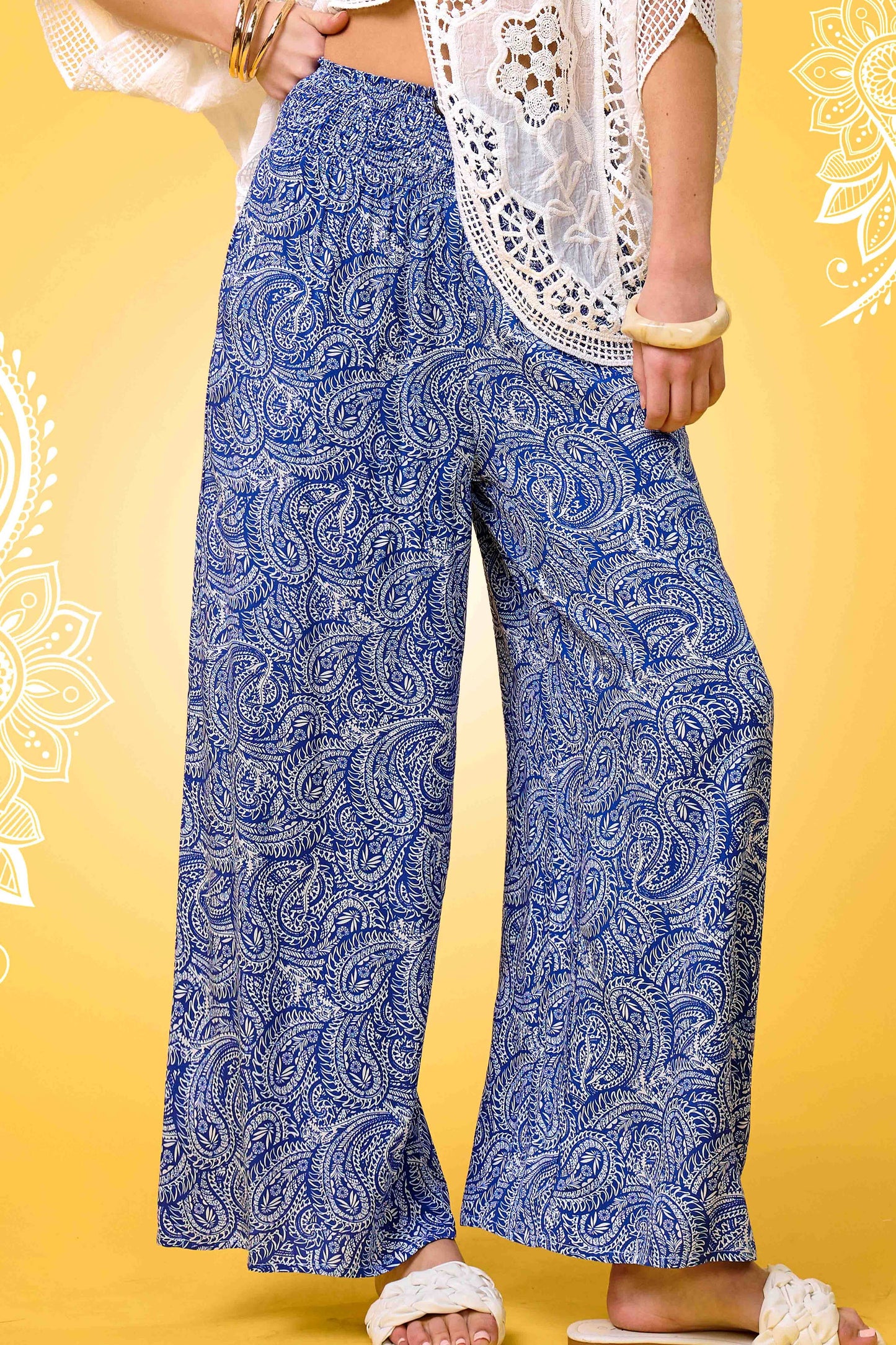 Boho Paisley Print Wide Leg Flowy Pants with Pockets