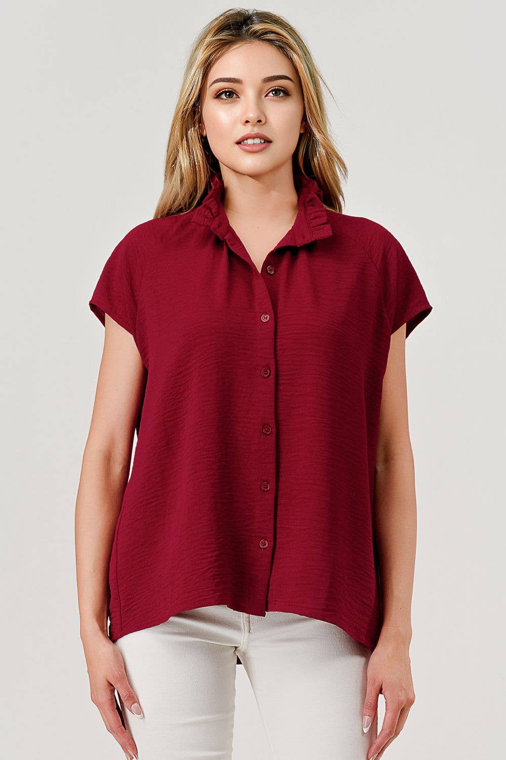 Lila Button Down Short Sleeve Game Day Top Burgundy Mbt-9919