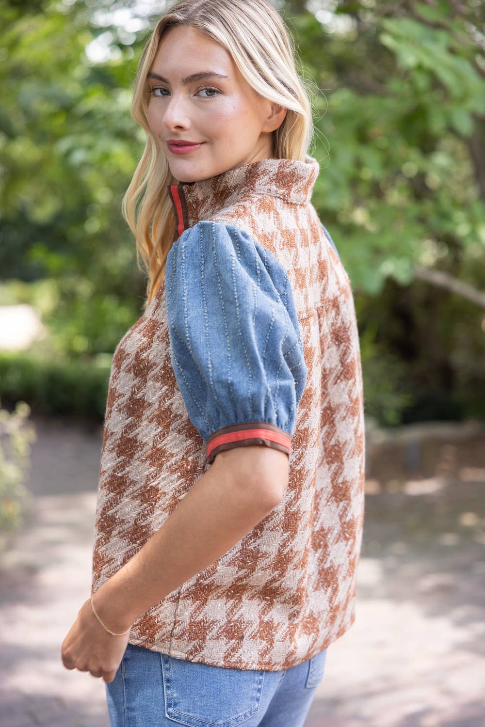 Stripe Denim Sleeve Houndstooth Tweed Top