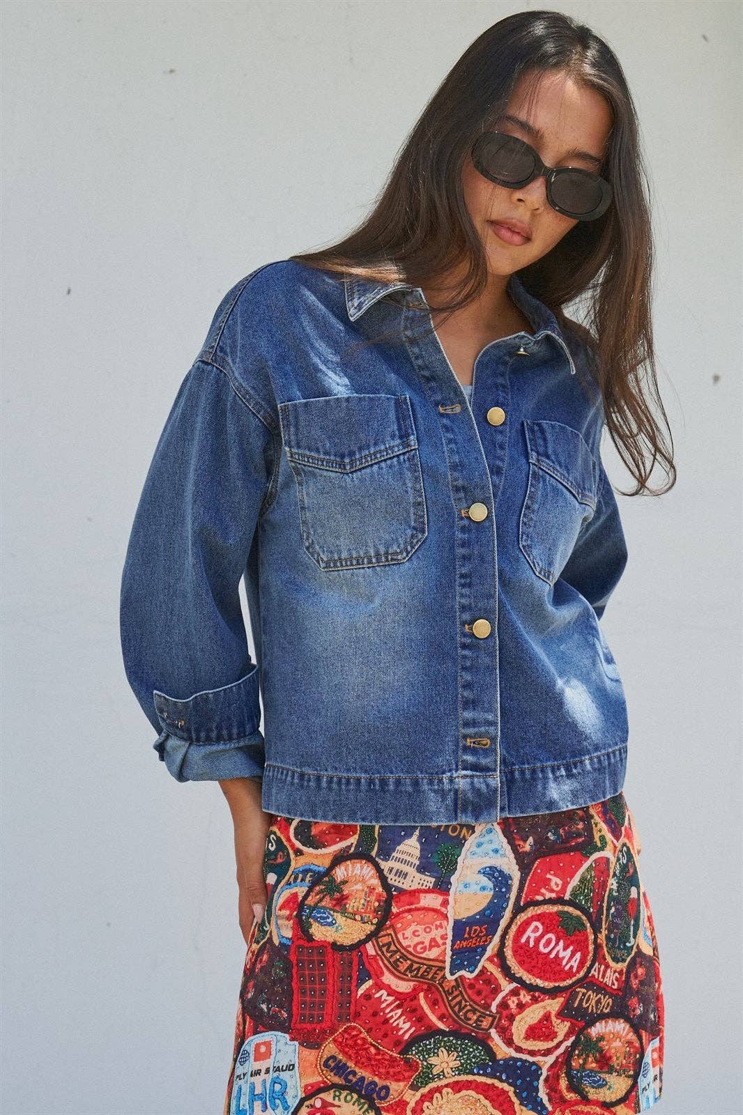 Vintage Wash Denim Shirt Jacket With Gold Buttons