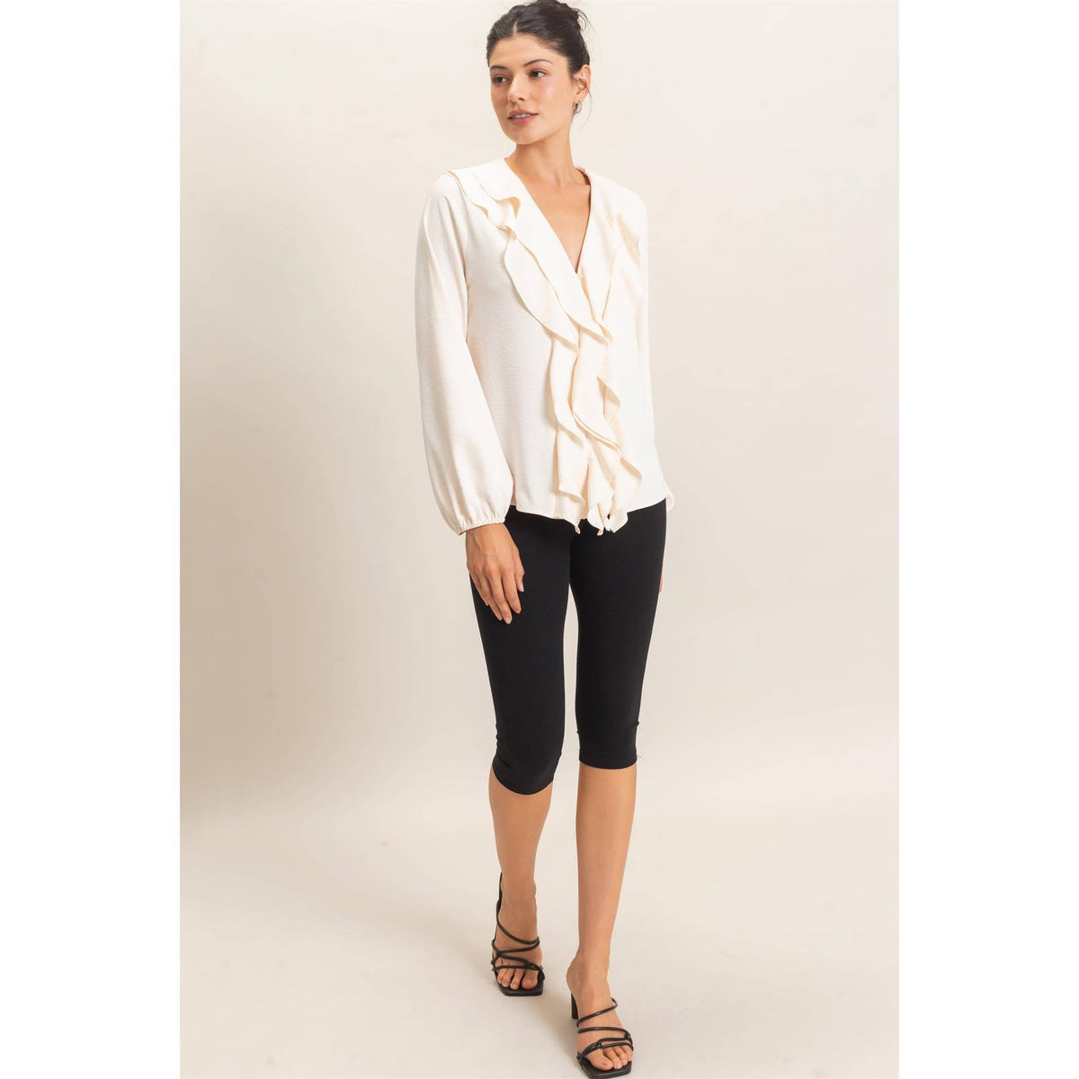 Ruffled V-Neck Button-Up Blouse