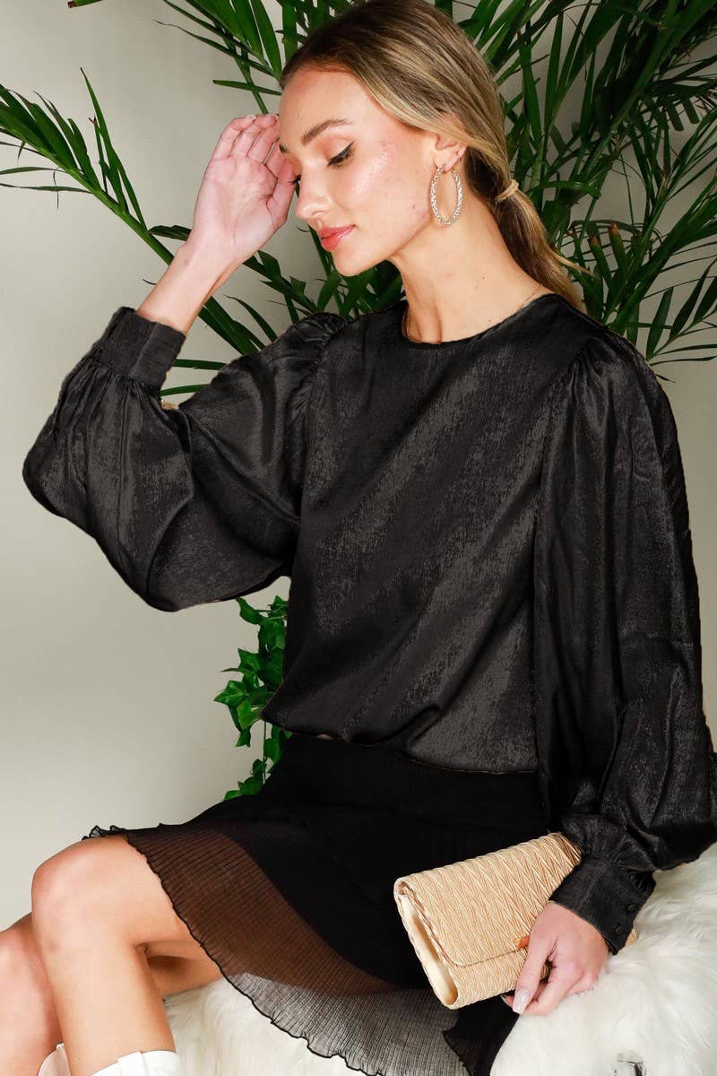 Long Balloon Sleeve Round Neck Metallic Woven Blouse