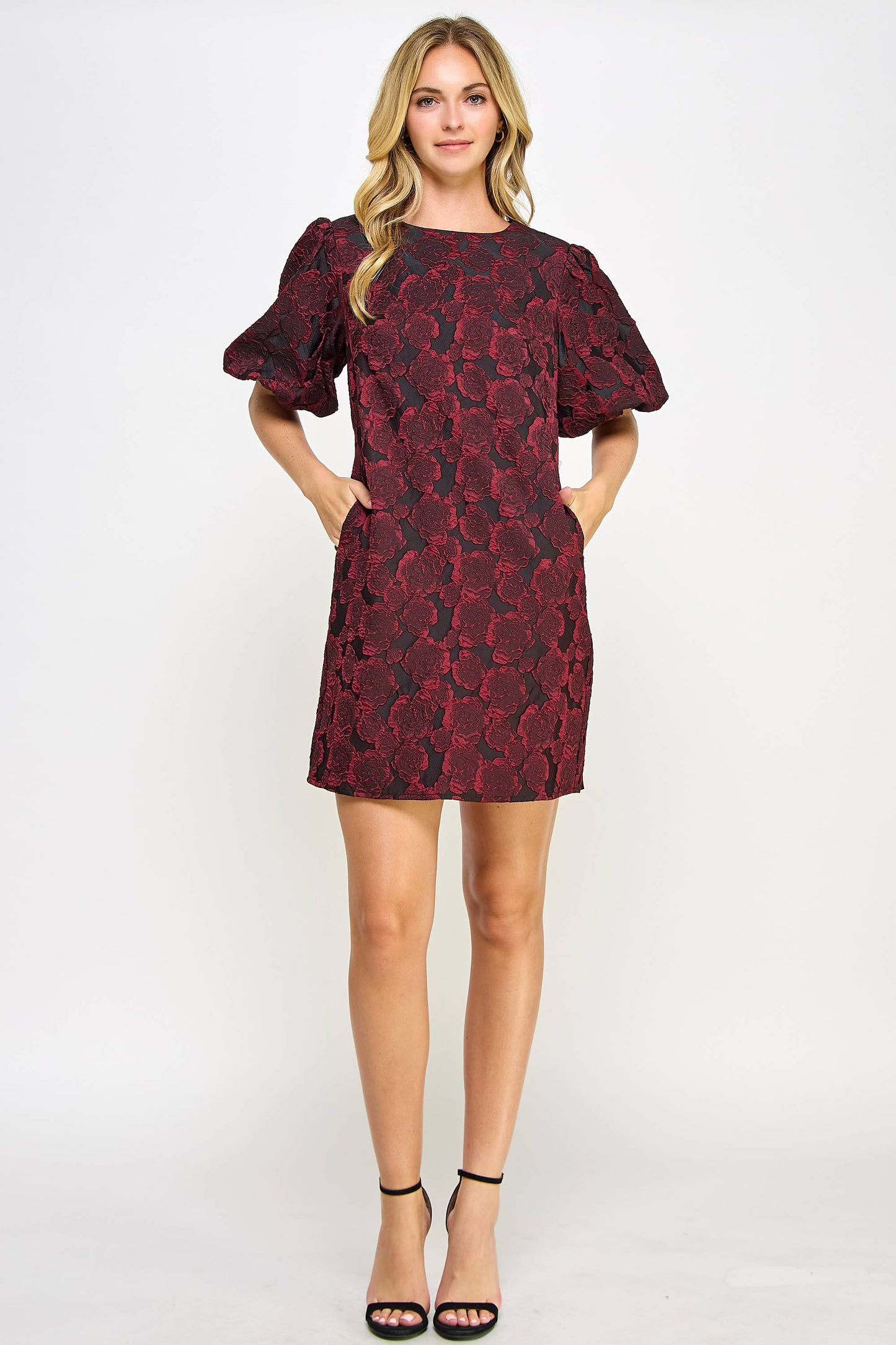 PUFF SLEEVE JACQUARD DRESS WINE