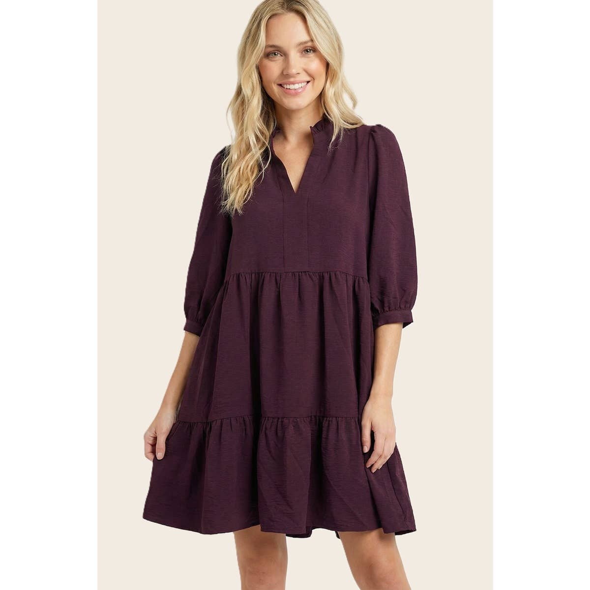 FRILLED SPLIT NECK TIERED DRESS