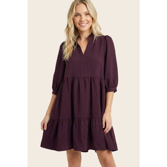 FRILLED SPLIT NECK TIERED DRESS