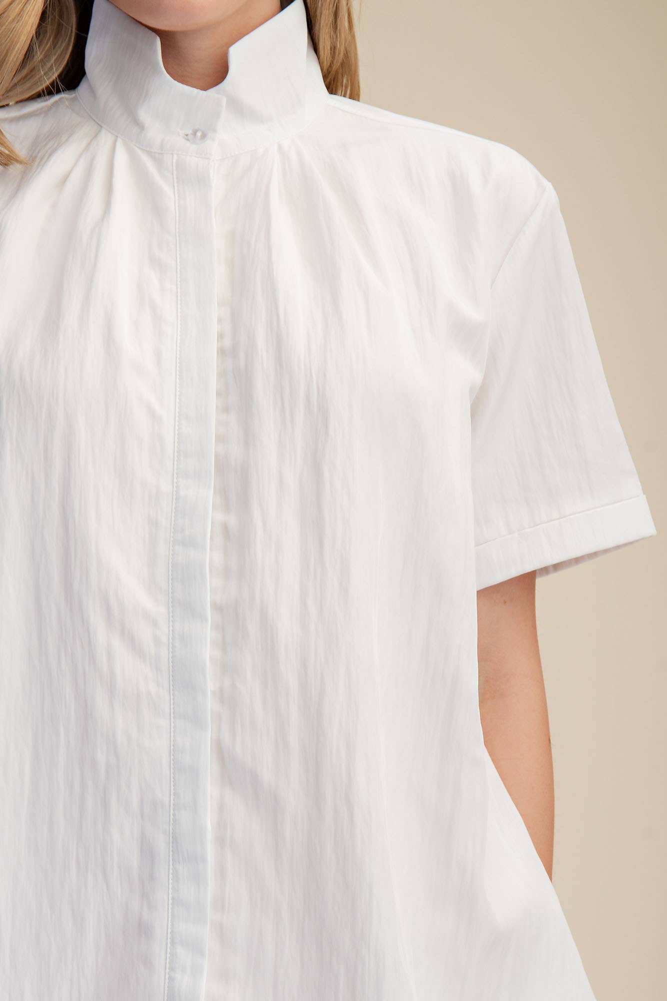 Stand Collar Short Sleeves Button Down Shift Dress
