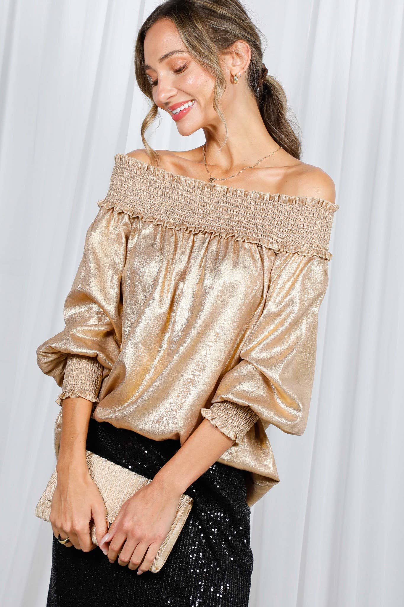 Metallic Woven Off-The-Shoulder Smocked Blouse