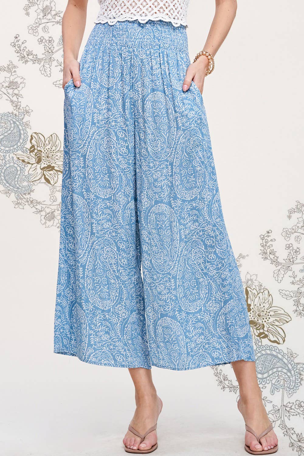 Boho Paisley Print Wide Leg Flowy Pants with Pockets