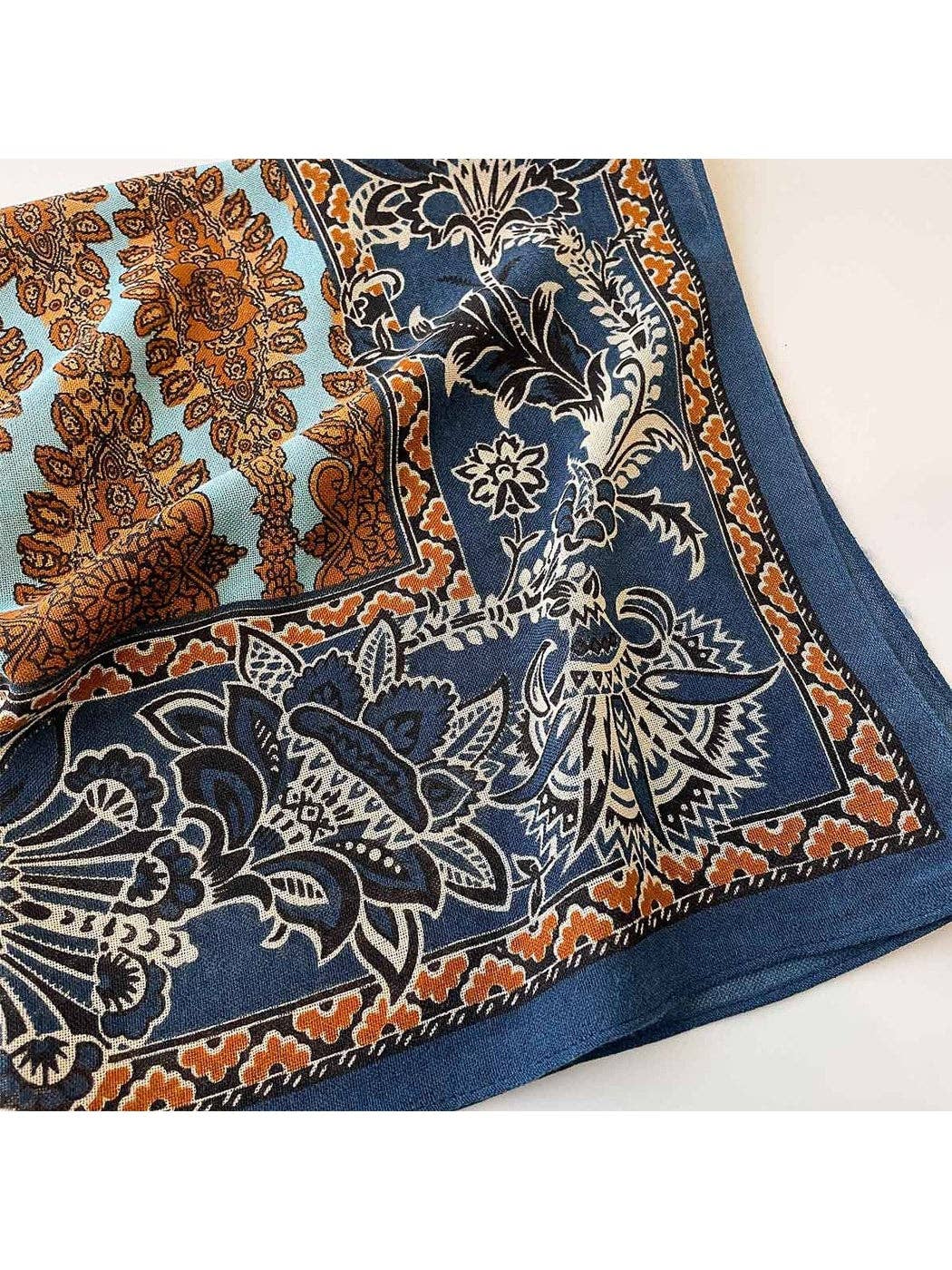 Navy Retro Floral Print Tassel Square Scarf