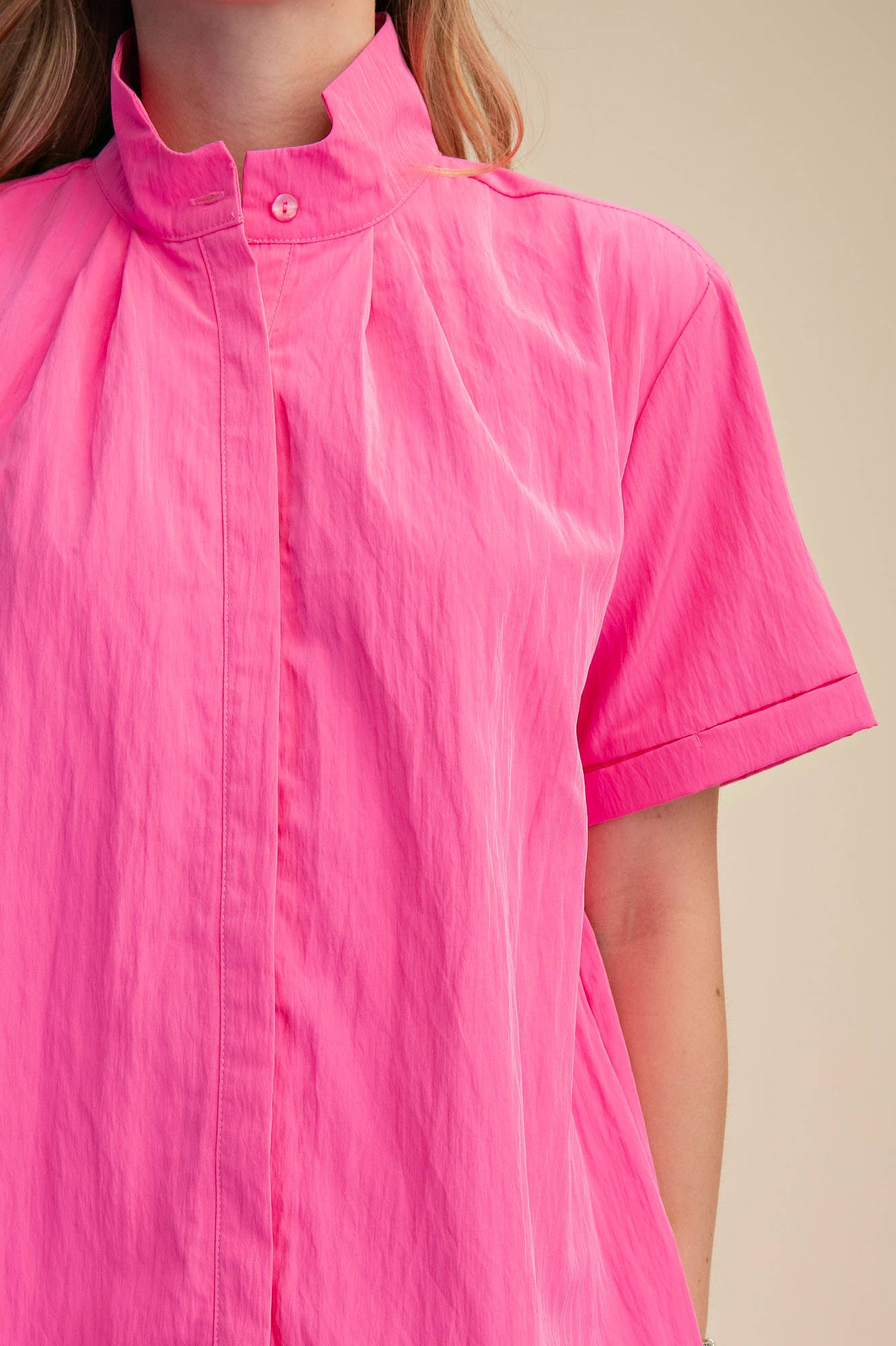 Stand Collar Short Sleeves Button Down Shift Dress