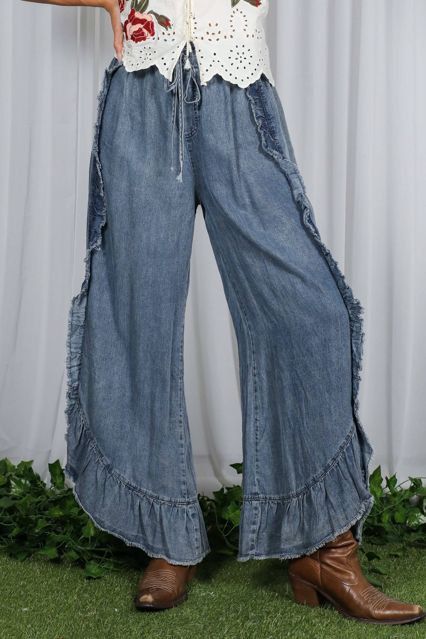 Flared Ruffle Hem Washed Chambray Crop Denim Pants