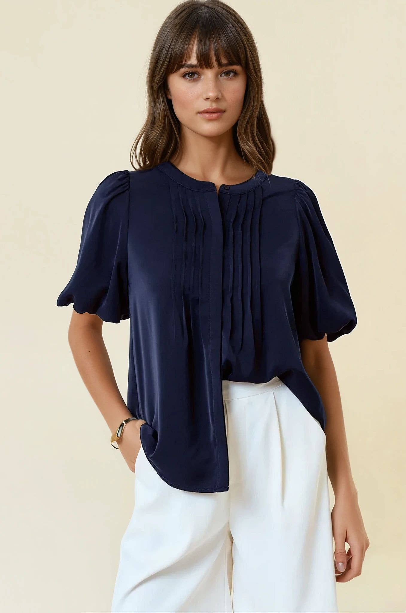 BUBBLE PINTUCK BUTTON DOWN BLOUSE