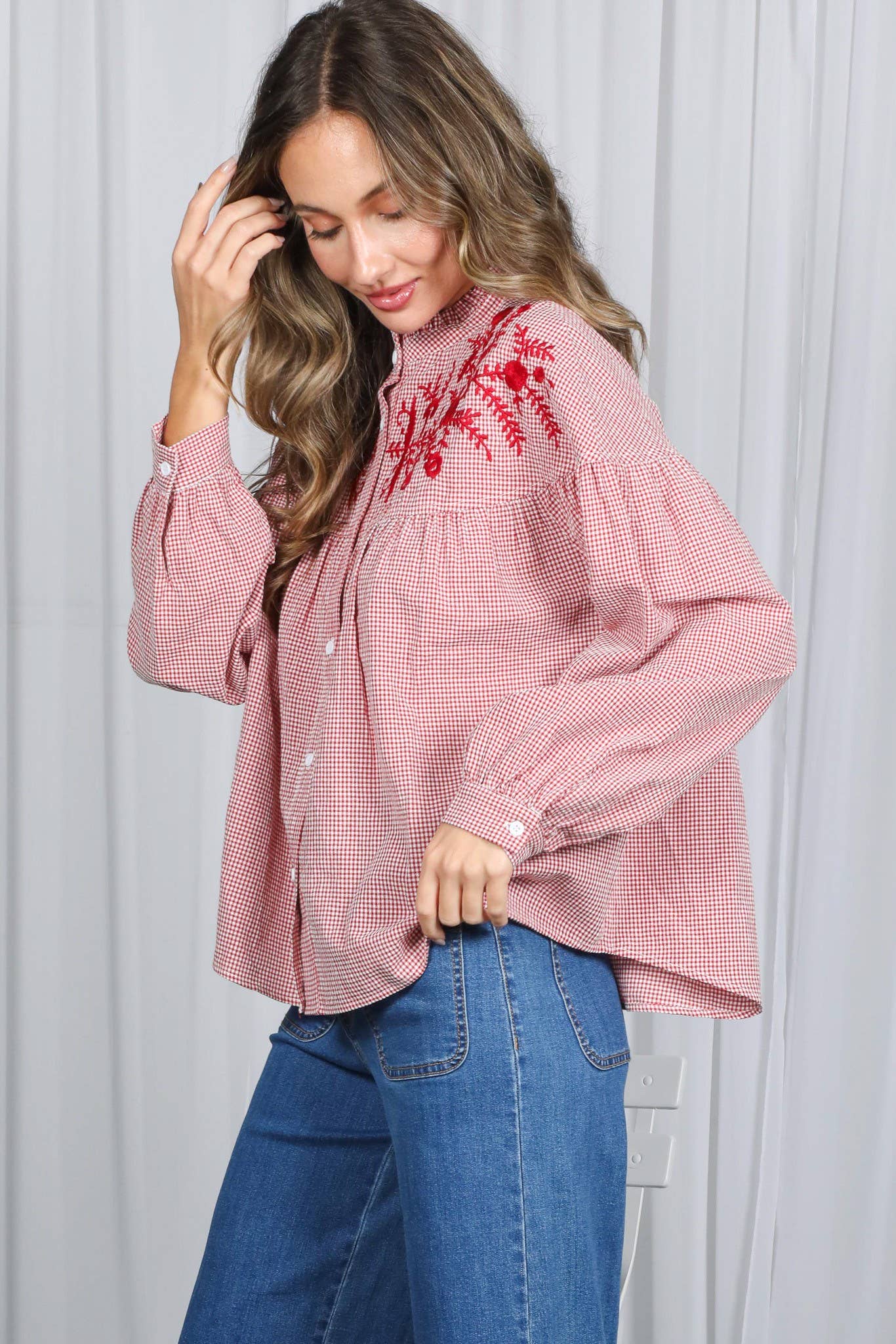 Ruffle Neck  Gingham Blouse
