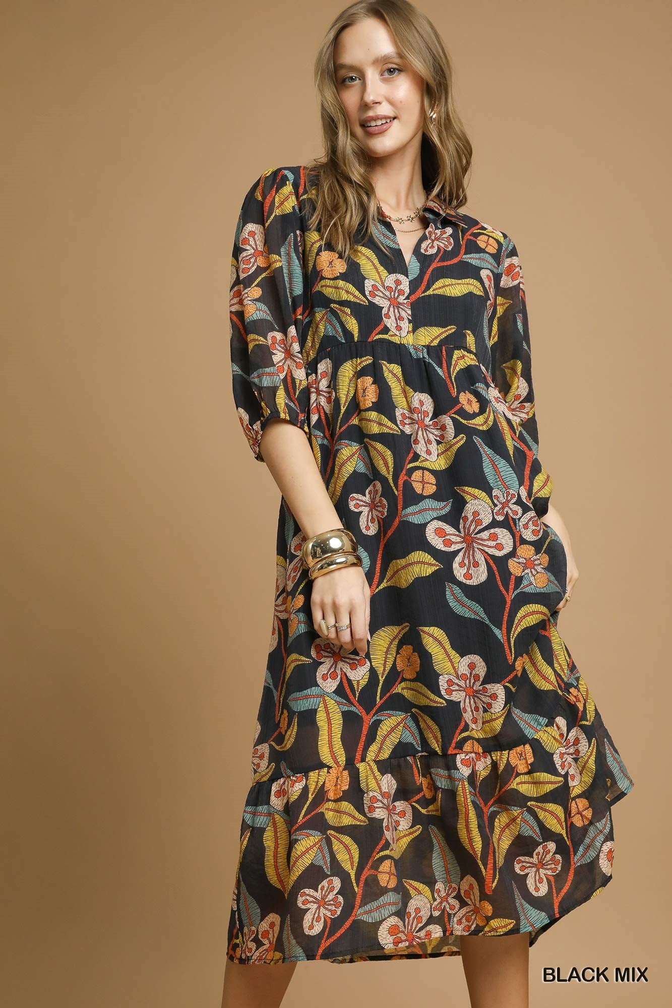 Floral Black Print Midi Dress