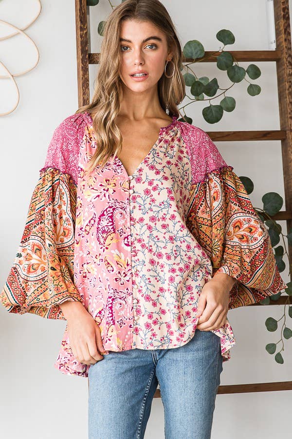 BUTTON FRONT PRINT MIXED BLOUSE