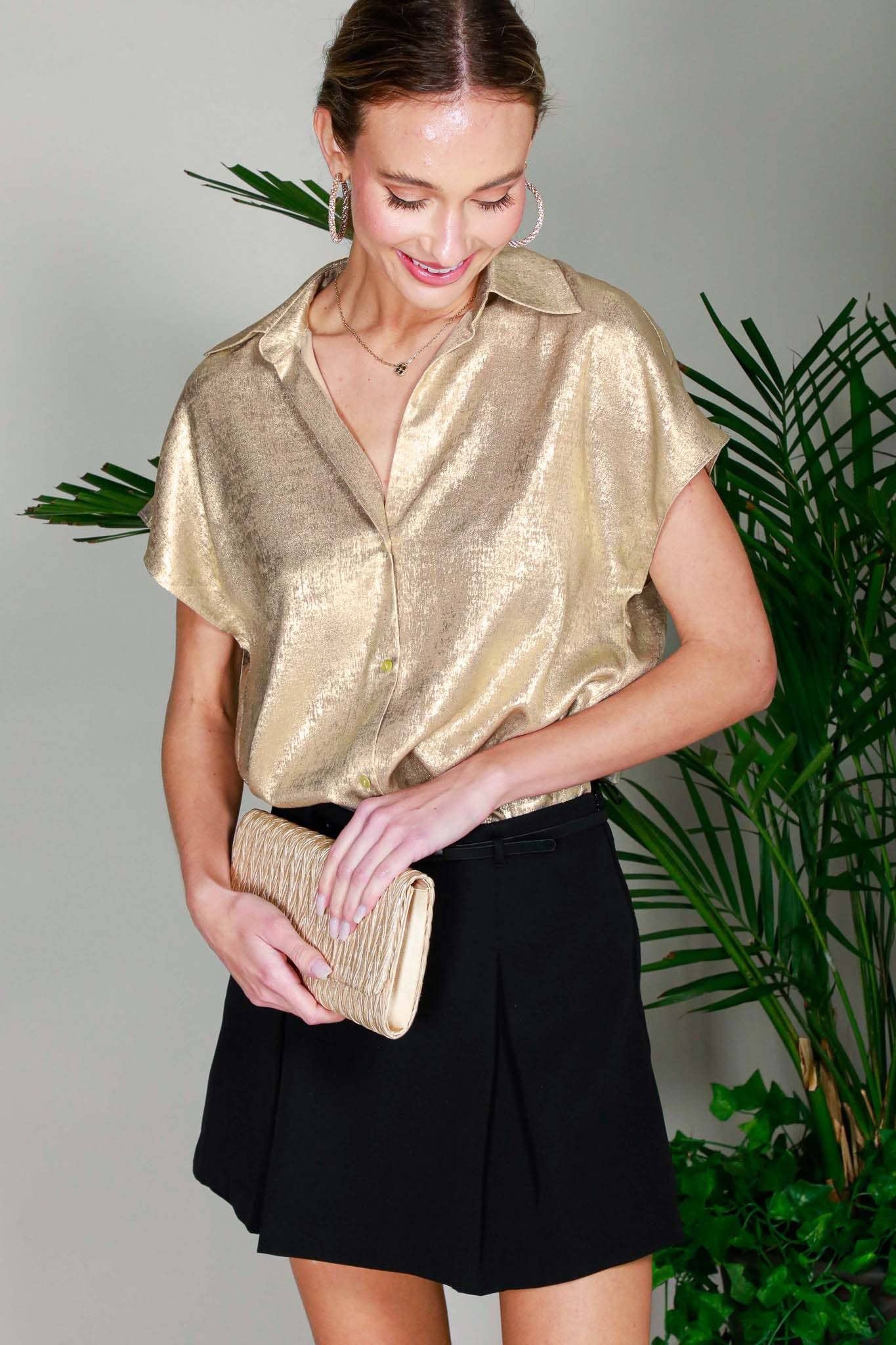 Collared Neckline Short-Sleeve Metallic Woven Top