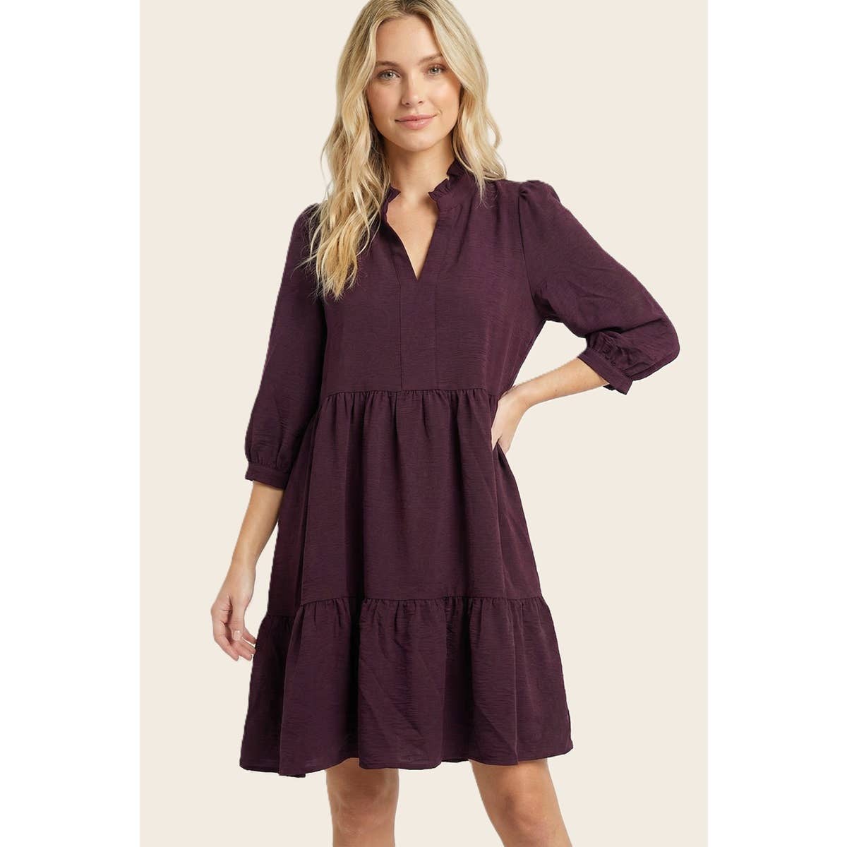 FRILLED SPLIT NECK TIERED DRESS