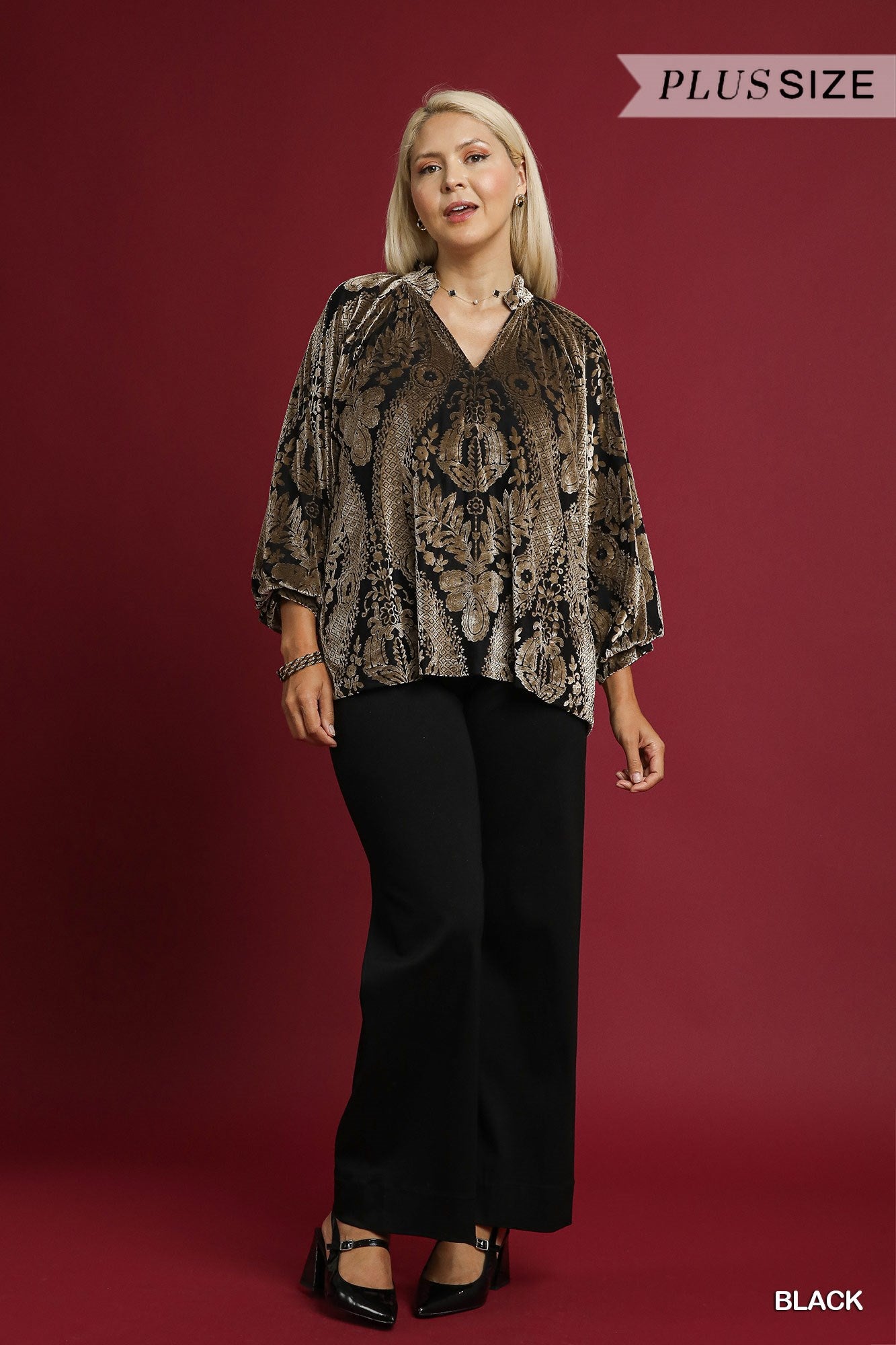 Damask Print Velvet Split Neck Top