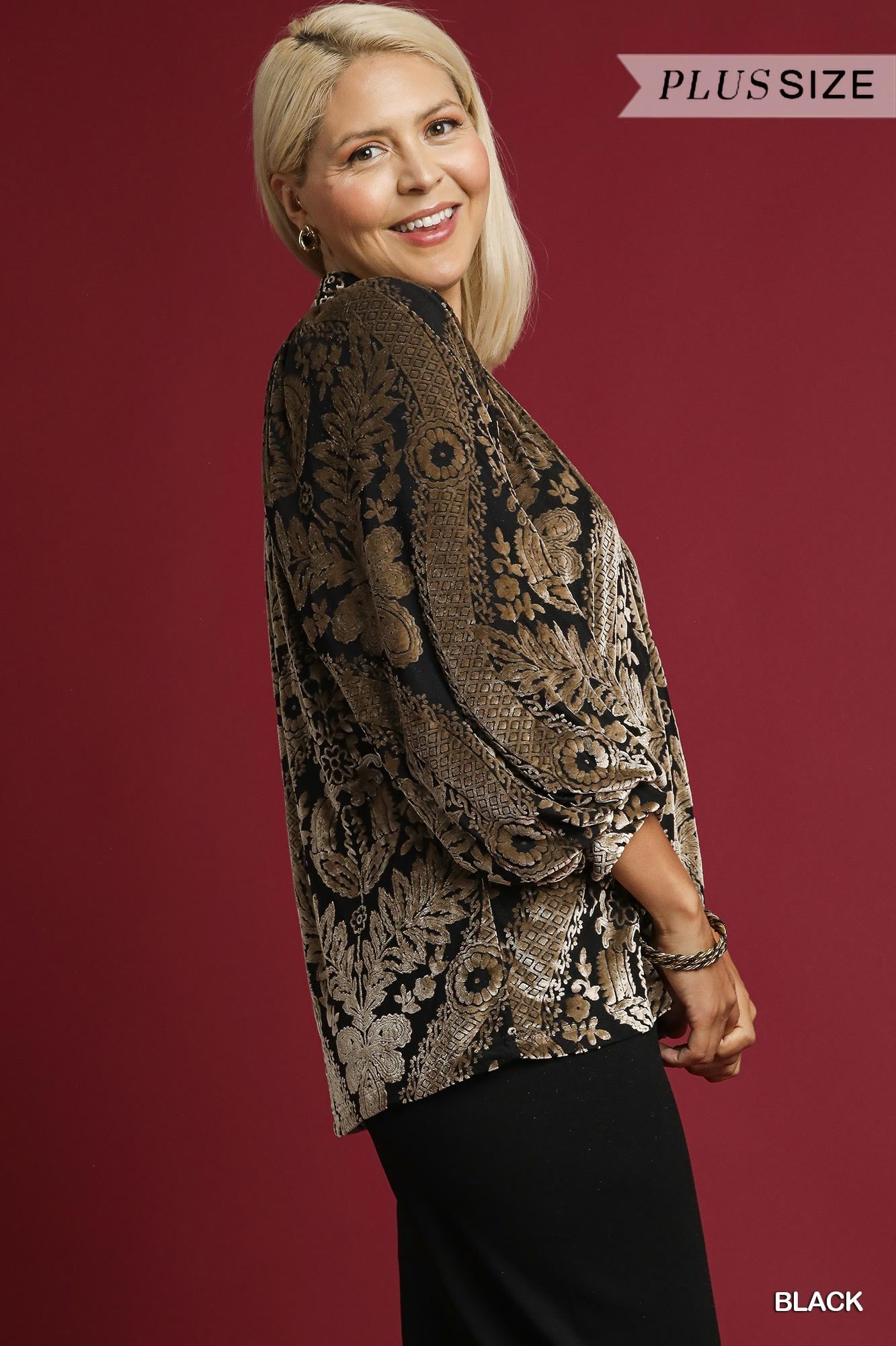 Damask Print Velvet Split Neck Top