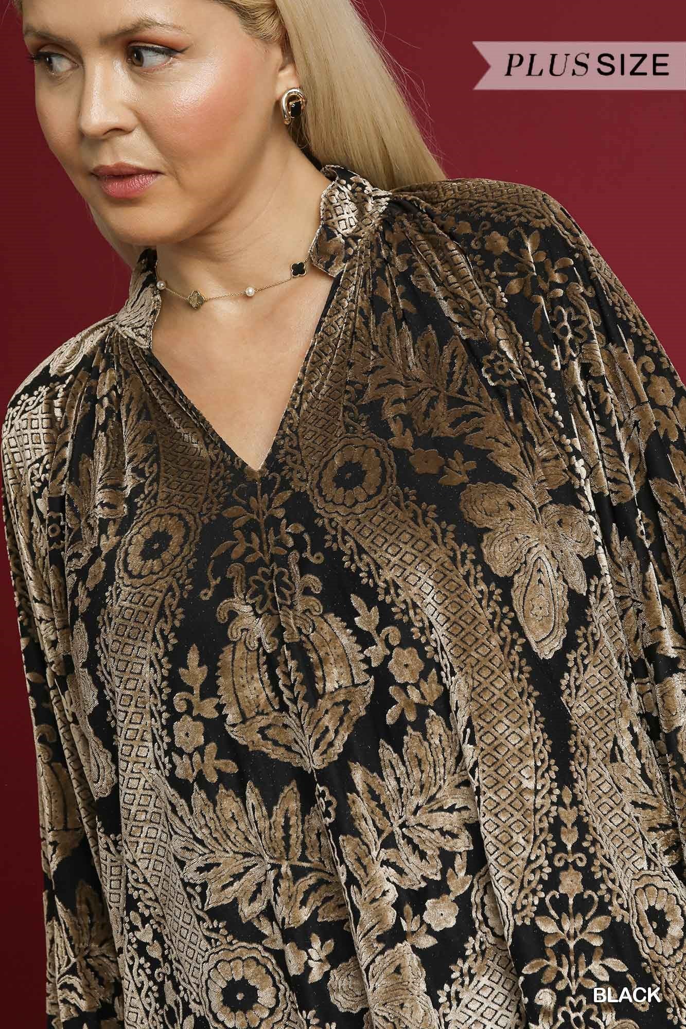Damask Print Velvet Split Neck Top