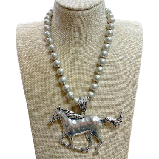 Running Horse  Pendant on 12mm Faux Navajo Pearl Necklace