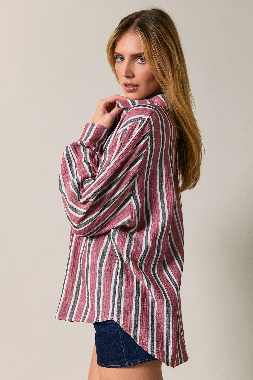 Dolman Long Sleeve Button Down Striped Shirt