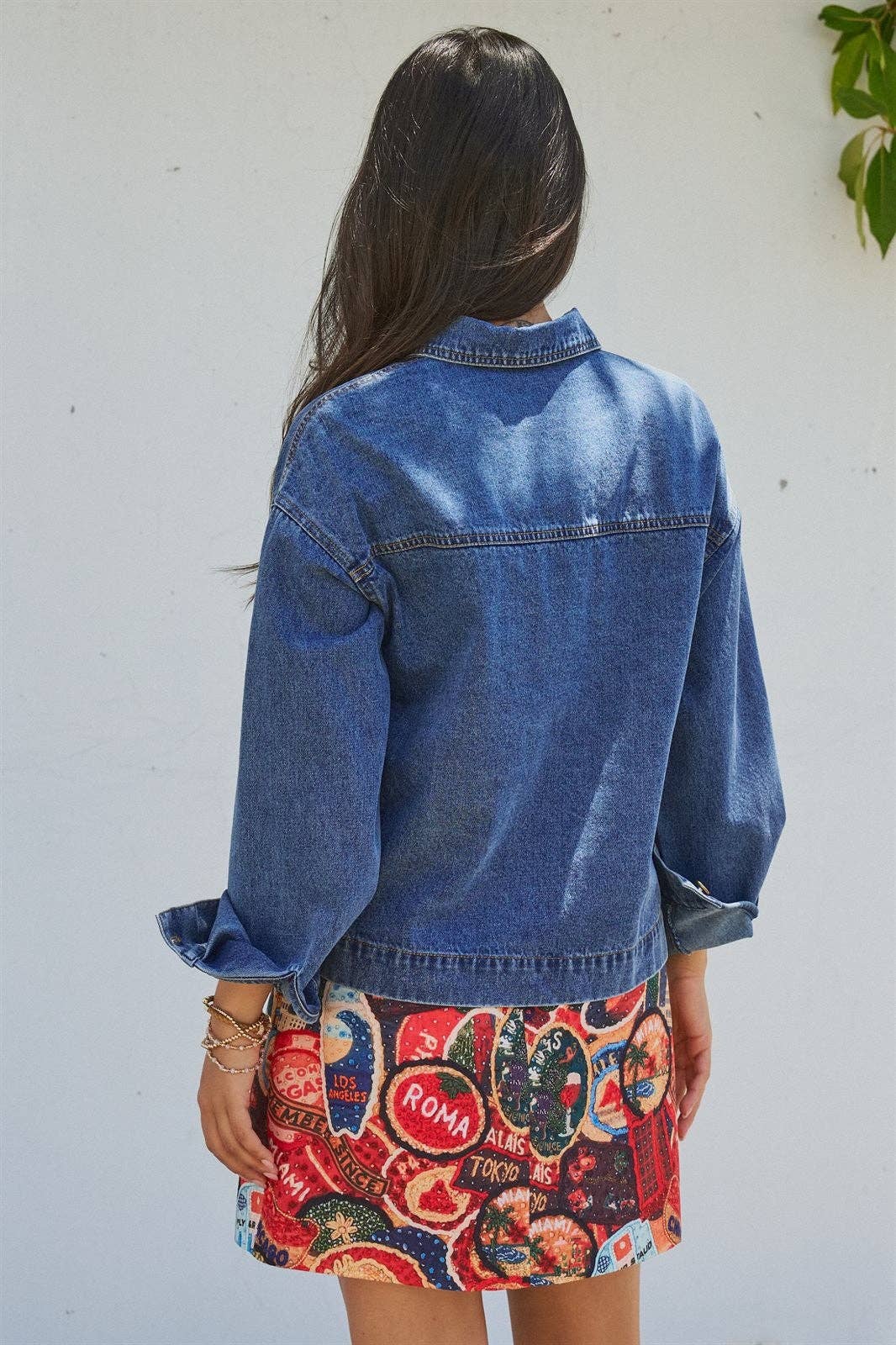 Vintage Wash Denim Shirt Jacket With Gold Buttons