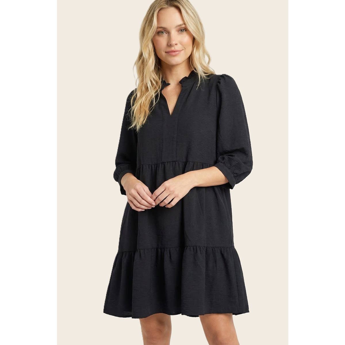 FRILLED SPLIT NECK TIERED DRESS