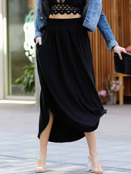 SMOCKED WAIST SIDE SLIT MAXI SKIRT WITH POCKETS