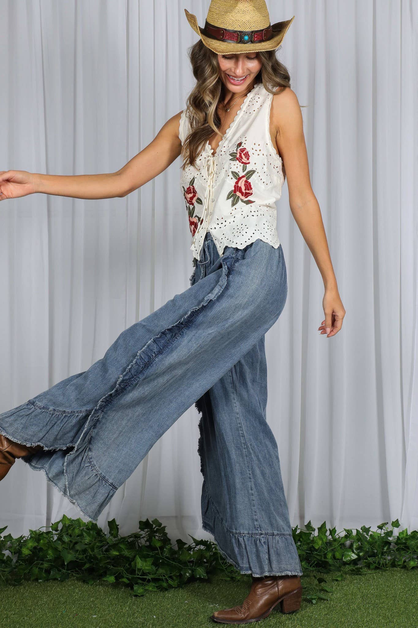 Flared Ruffle Hem Washed Chambray Crop Denim Pants