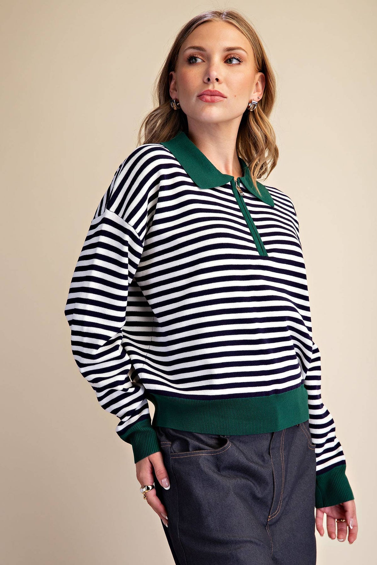 Collar Zip Neck Long Sleeve Stripe Sweater